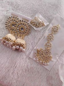Gold Plated Earrings And Maang Tikka Set