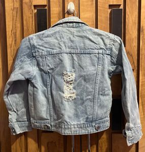 Distressed Dark Blue Crop Denim Jacket