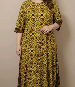 Vibrant Yellow Ethnic Print Maxi Dress/Kurti
