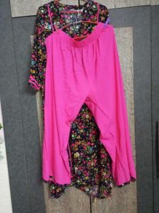 Floral Print Pink&amp;Black Kurta Set