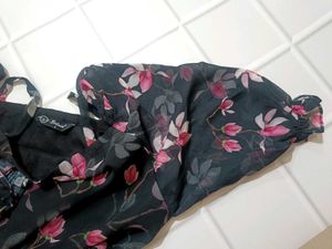 Selvia Black And Pink Floral Aline Dress