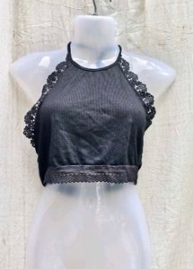 44156. Black Lace Trim Halter Top