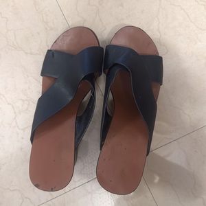 Black Leather &amp; Wood Heeled Mules