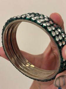 Green &amp; Silver Beaded Bangle Combo Of Two
