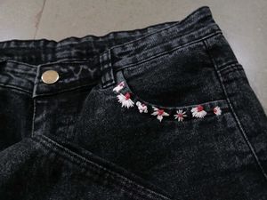 Black Straight Jeans With Hand Embroidery