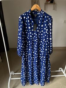 Tie Neck Tiered Blue polka DOT Midi dress