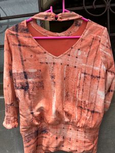 Retro Orange Tie Neck Top