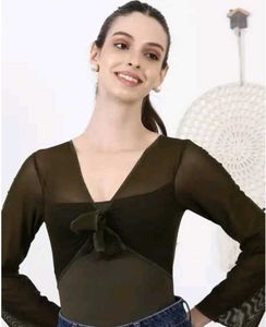 Shein Bell Sleeve Mesh Overlay Front Tie-Up Leotar