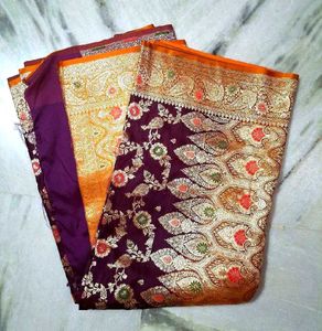 Wine & Orange Banarasi Silk Saree