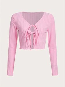 Trendy Pink Ribbed Tie-Front Crop Top❤️