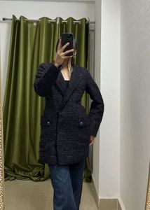 Elegant BLack-Purple Tweed Blend Coat