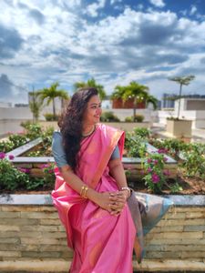 Elegant Pink Saree with designer puff sleeves blou
