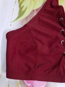 (1200)Burgundy Halter Lace-Up Top
