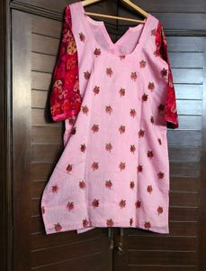 Women Pink Chanderi Cotton Thread Work Suit Set