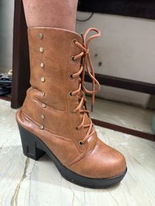 Brown Lace-Up Heel Boots