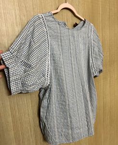 Sweet Blue Gingham & Lace Detail Blouse