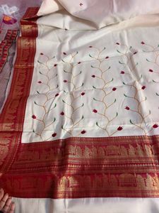 Elegant White &amp; Red Embroidered Saree