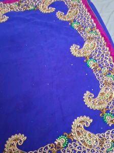 Blue With Golden Aamini Design Pink Velvet Border