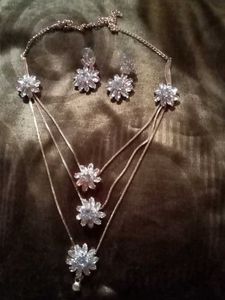 Silver Tone Flower Necklace & Earring Set