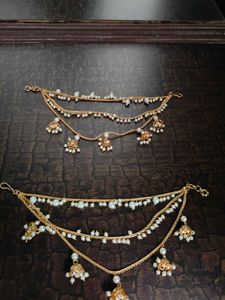 Gold & Pearl Earrings And Ear Chain Set