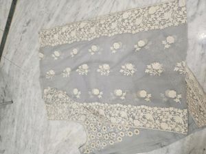 Grey Short Kurta Suit With Embroidery And Pearl Wo