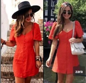 Zara Woman Orange Linen Flutter Sleeve Button Dres