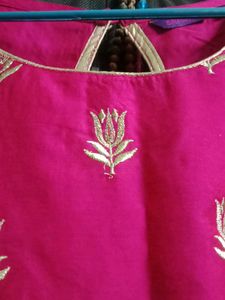 Rose Pink Aline Kurta With Lotus Embroidery