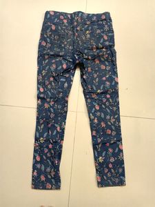 Blue Floral Print Jeans For Girls