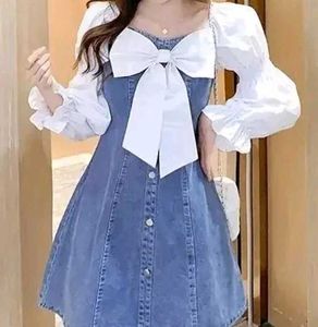 Denim Mini Dress with Bow