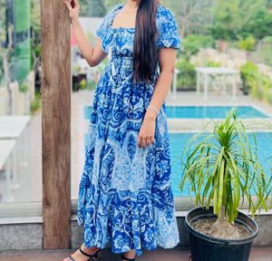 Blue Paisley Print Smocked Maxi Dress