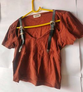 Y2K grunge vintage buckle strap brown crop top