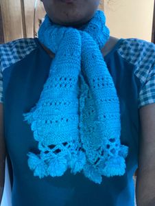 Teal Knitted Scarf with Pom Poms