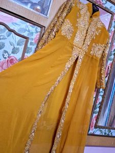 Elegant Gold Embellished Sheer Overlay Dress