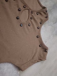 Brown Studded Cold Shoulder Top
