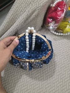Blue Embroidery Potli Clutch With Pearl Handle