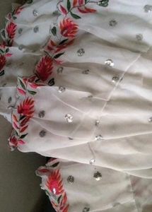 Stylish White Georgette Ruffle Saree Brand New