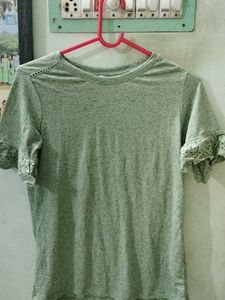 🟢Sage Green T-Shirt with Lace Details