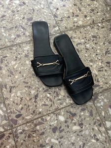 Black Buckle Slide Flats