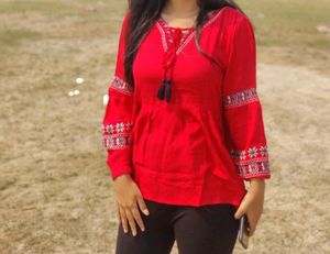 Red Peasant Blouse with Embroidered Sleeves
