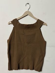 Women&#39;s Brown Ribbed Knit V-Neck Tank Top
