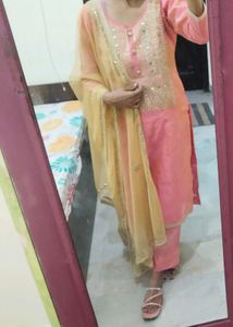 Peach Embroidered Salwar Suit Set For Women