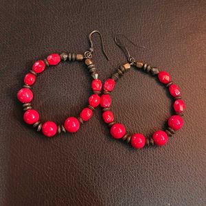 Red Rustic Beaded Hoop Earrings