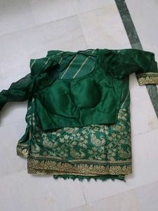 Elegant Green & Gold Silk Blend Saree Set