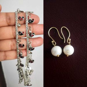 Silver Plated Anklets Real Pearl Earrings