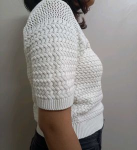 Women Off White Round Neck Half Sleeve Crochet Top
