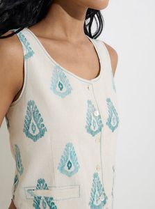 Ivory Ikat Print Waistcoat Top
