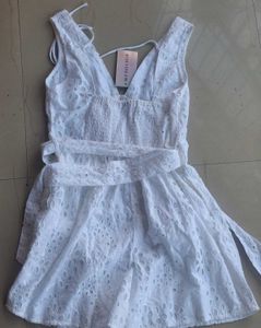 White Schiffli Tie Waist Playsuit