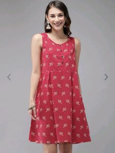 Anouk Cotton Red Printed A-Line Sleeveless Dress