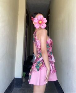 Floral Layered Pink Halter Dress