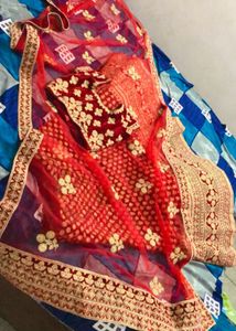 Elegant Cherry Red &amp; Gold Lehenga Set